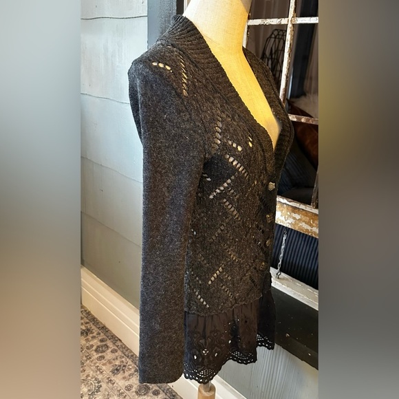 Free People Carbon Gray Pointelle Knit Cardigan with eyelet hem trim - Picture 5 of 9
